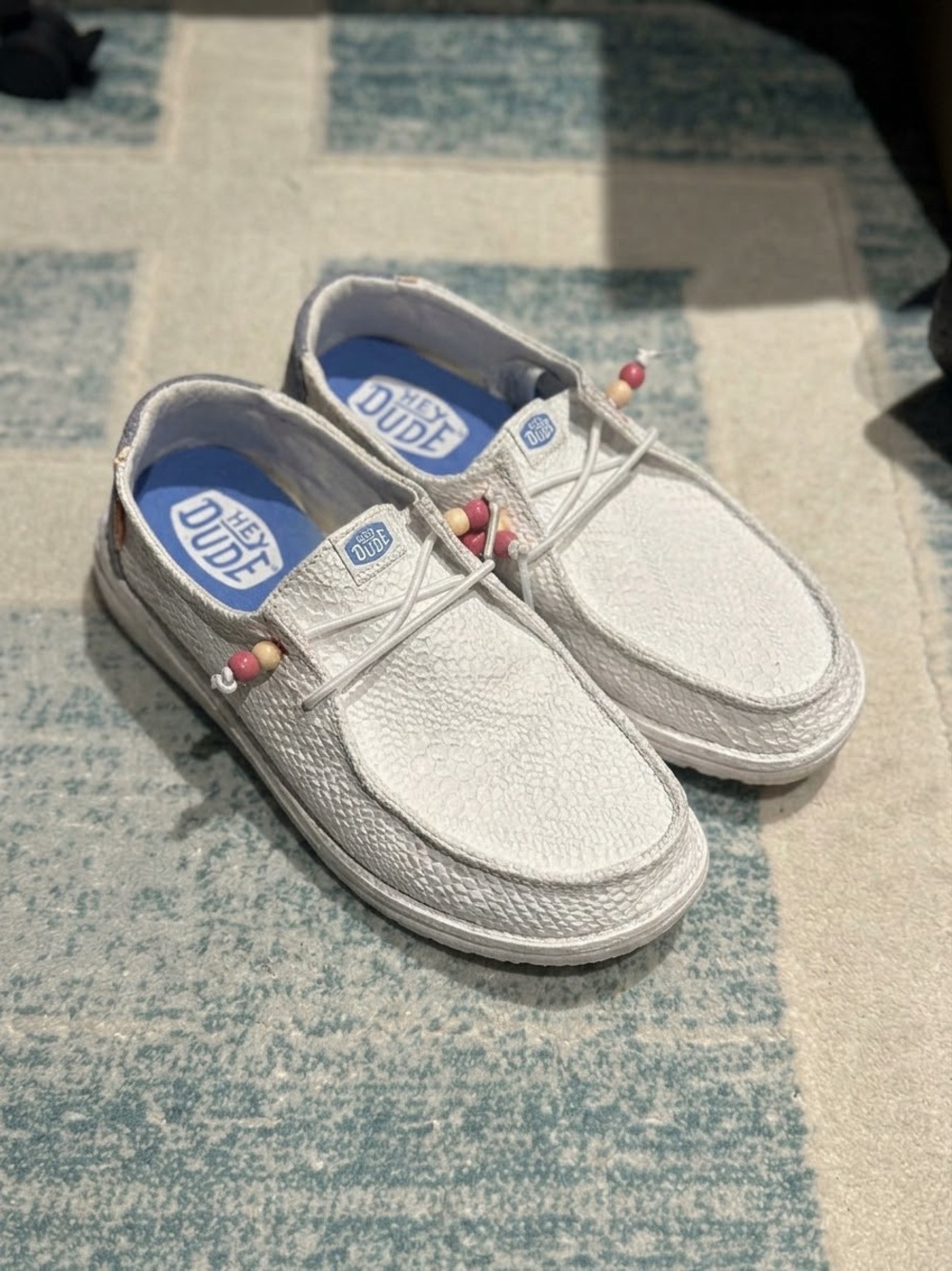 Hey Dude White Woven Slip-On Sneakers with Pink Bead Accents